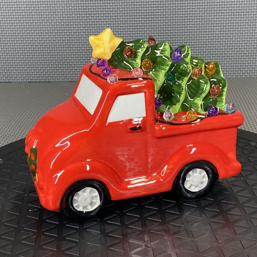 Retro Ceramic Christmas Red Truck Tree Covered In Lights Retro AA Battery Power